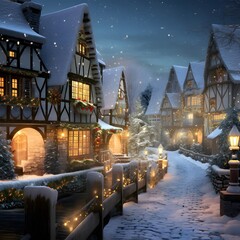Beautiful winter night in the village. Christmas and New Year.