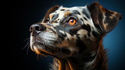 Portrait of a speckled dog with deep, soulful amber eyes