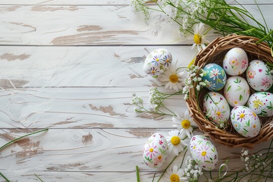 Painted Eggs with Flowers. Easter Banner with copy-space