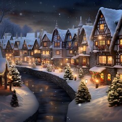 Winter village at night with snowfall. Christmas and New Year background.
