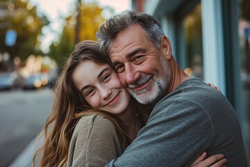 Fototapeta premium caucasian teenage daughter hugging her father outside in town when spending time together