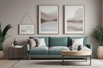 Scandinavian Minimal: 3D rendered illustration mock up poster frame in contemporary, Scandinavian-style interior background generative ai
