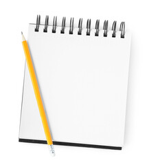 Notebook and pencil isolated on white, top view