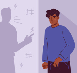 Man with bullying concept. Young guy stands near violet wall and background with shadow. Negative emtions and depression, sadness. Cartoon flat vector illustration isolated on violet background