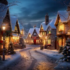 Snowy night in a small village. Christmas and New Year concept.