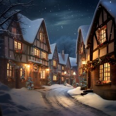 Winter night in a snowy village. Christmas and New Year concept.