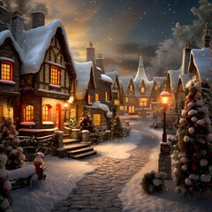 Digital painting of a winter scene in a village with christmas trees