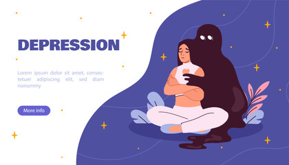 Woman in depression poster. Young girl sitting in lotus position near scary shadow. Sadness and loneliness. Mental and psychological problems. Landing webpage design. Cartoon flat vector illustration