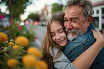 Naklejka na ściany i meble caucasian teenage daughter hugging her father outside in town when spending time together