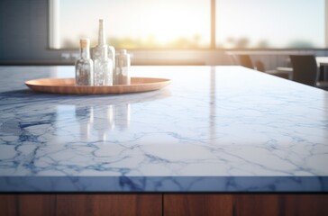Marble empty table top in modern kitchen, kitchen panel in interior. Scene showcase, banner
