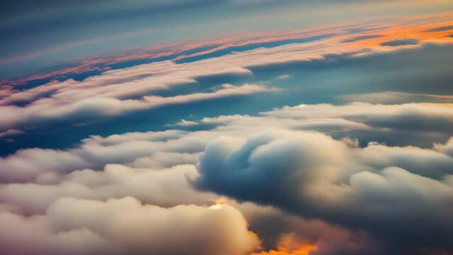 Mesmerizing sunrise paints the sky in hues of blue, casting shadows over billowing clouds from above. Atmosphere concept. Stock footage. Timelapse. Cloud background.
