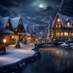 Winter night in the village. Winter night in the village. Christmas holiday in the village.