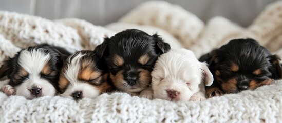 A group of newborn puppies, small canines with fluffy fur, are peacefully laying together on top of a white blanket.
