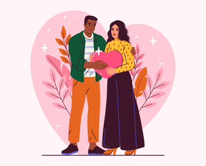 Man and woman expressing love. Young guy and girl with heart in hands. Young couple and family in love. Romantic meeting. Cartoon flat vector illustration isolated on white background