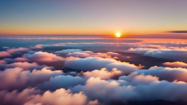 Aerial perspective unveils dawn's magic, a symphony of light and clouds. Climate concept. Cinematic footage. Timelapse. Cloud background.
