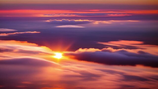 Sunrise paints azure canvas with ethereal hues, above the clouds' embrace. Wind concept. Stock footage. Time-lapse. Sky background.
