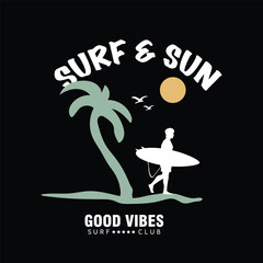 Vector illustration on the theme of surfing and surf. Sport typography, t-shirt graphics, print, poster, banner, flyer, postcard