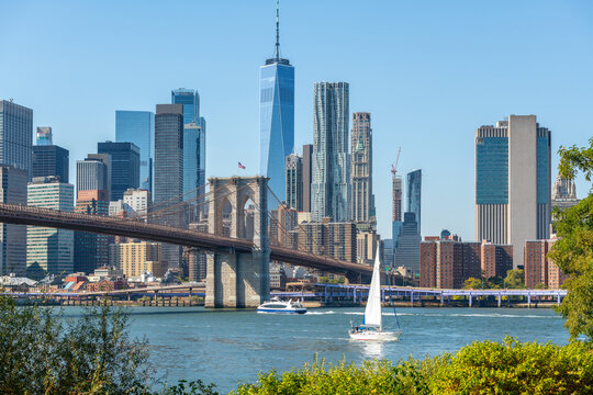 The Brooklyn Bridge with a backdrop to Lower Manhattan
