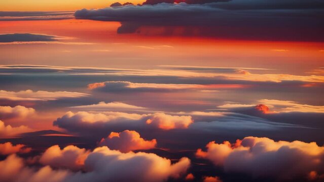 Above the world, dawn's embrace unveils a surreal spectacle of clouds kissed by the first light. Nature concept. Stock footage. Timelapse. Sky background.
