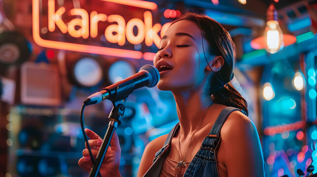 Gorgeous young woman singing on stage at a karaoke night with a neon "karaoke" sign in the background. Generative AI