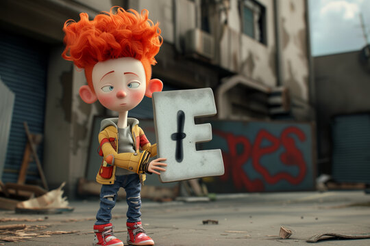A red-haired cartoon with the letter F