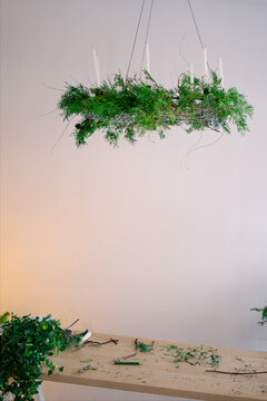  festive wreath over the table
