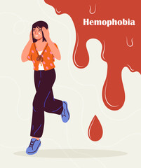 Woman with hemophobia concept. Young girl run away from red drips and liquid. Character with fear to blood. Person with mental and psychological problems. Cartoon flat vector illustration