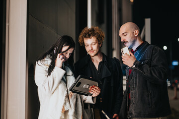Business colleagues in a casual meeting outside at night preparing for their next entrepreneurial venture.