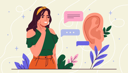Woman with listening skill. Young girl near big ear and dialogue messages. Soft skills for employees. Person with abilities and talents. Cartoon flat vector illustration isolated on beige background