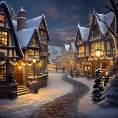 Winter city at night. Christmas and New Year concept. 3d rendering