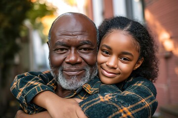 african american teenage daughter hugging her father outside in town when spending time together