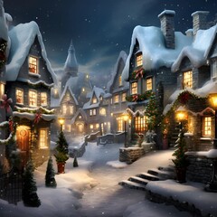 Snowy village with houses at night. Christmas and New Year background.
