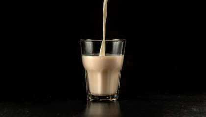 Milk being poured, almond milk, glass, black, close-up - obrazy, fototapety, plakaty