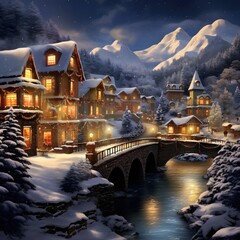 Winter village at night with a bridge over the river and snowy mountains