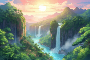 Aerial view of a lush tropical forest with a waterfall at sunrise on a foggy morning. In anime style