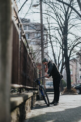 A man pauses on a sunny urban sidewalk, using his smart phone next to his parked bicycle.