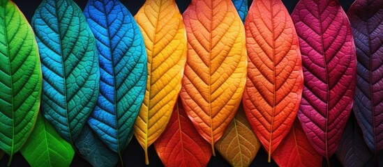 A striking row of colorful leaves arranged neatly against a deep black background, showcasing the vivid beauty of natures palette in a harmonious display.
