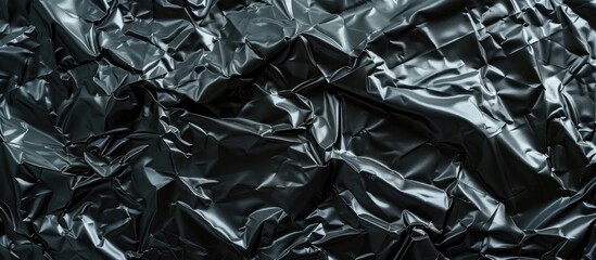 A close-up view of a black plastic bag, showing its crumpled and creased texture. The bag appears to be used and discarded, with visible marks and folds.