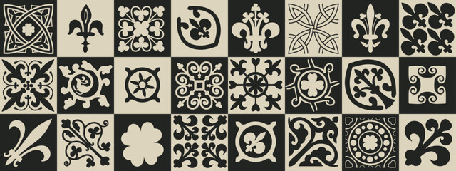 Celtic seamless pattern. Medieval square tiles with Irish folk tribal motifs and knots. 
