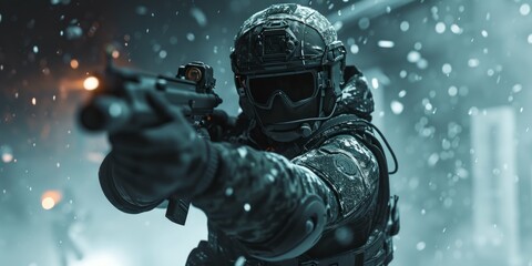 View of a Special forces soldier with a gun on a futuristic background