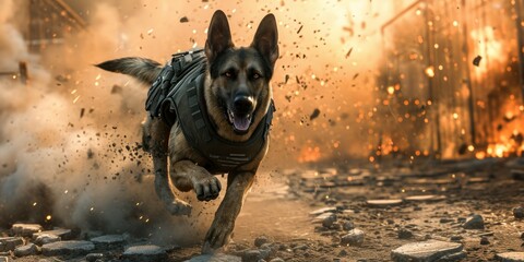 German shepherd dog army in action on the background of fire.