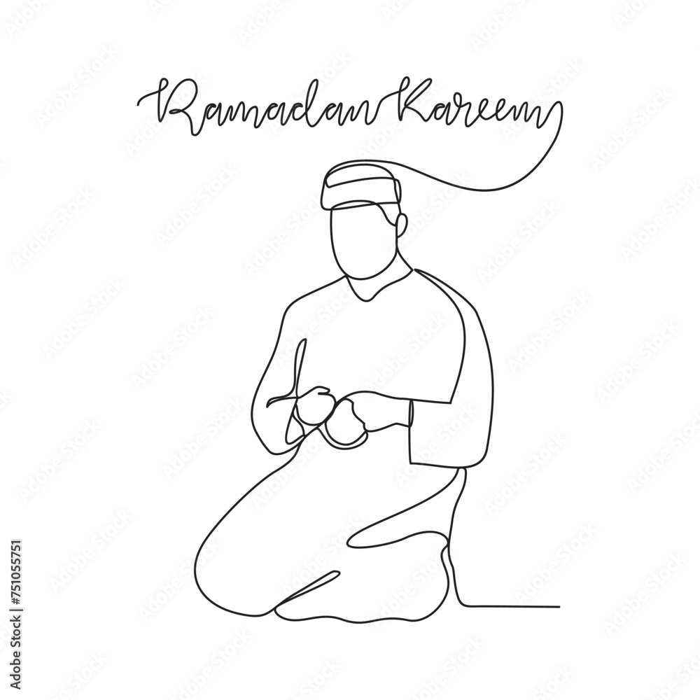 Wall mural One continuous line drawing of Moslem man is read Qur'an vector illustration. Moslem praying during Ramadan in mosque design in simple linear style vector concept. Suitable for your asset design.