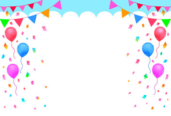 イベントフレーム　背景素材　飾り枠　ガーランド　バルーン　紙吹雪　青空　フェスティバル　キャンペーン　バースデー　行楽　ゴールデンウィーク　シルバーウィーク　運動会　入学　入園　白背景　透過