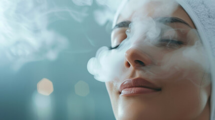 A womans face half covered in steam with a relaxed and rejuvenated expression as she indulges in a deep skincare treatment with a facial steamer. - obrazy, fototapety, plakaty