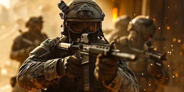 View of a Special forces soldier with a gun on a futuristic background