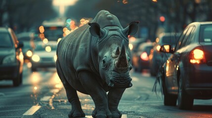 Fototapeta na wymiar A rhino stands amidst the blur of evening traffic lights