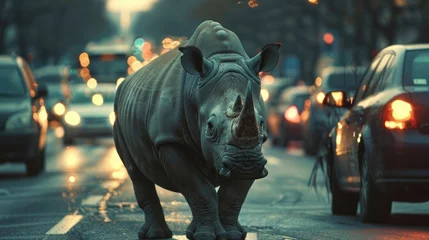 Wandcirkels tuinposter A rhino stands amidst the blur of evening traffic lights © Vodkaz