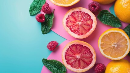 Vibrant citrus fruits with raspberries on a pink and turquoise backdrop