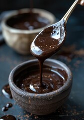 Velvety chocolate ganache dripping from a spoon into a bowl