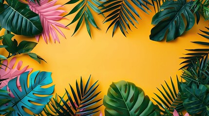 Fototapeta na wymiar Exotic tropical leaves framing a bright yellow background